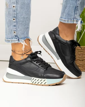 Pantofi casual dama piele naturala negri cu inchidere sireturi F001-770