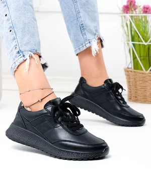Pantofi casual dama piele naturala negri cu inchidere sireturi F001-973