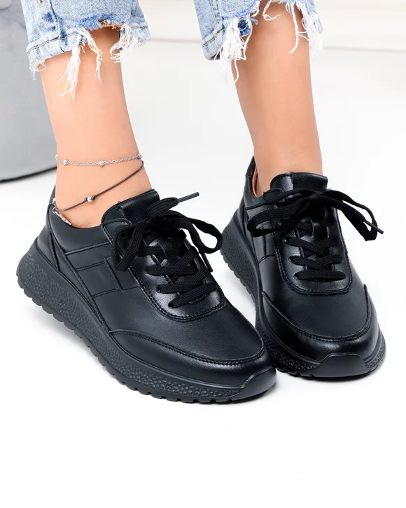 Pantofi casual dama piele naturala negri cu inchidere sireturi F001-973
