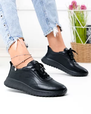 Pantofi casual dama piele naturala negri cu inchidere sireturi F001-977