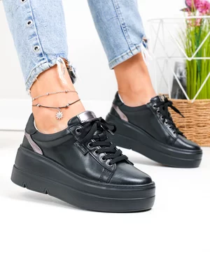 Pantofi casual dama piele naturala negri cu inchidere sireturi F002-437