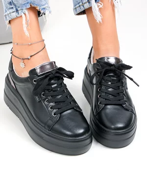 Pantofi casual dama piele naturala negri cu inchidere sireturi F002-437