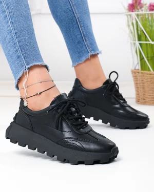Pantofi Casual - Pantofi casual dama piele naturala negri cu inchidere sireturi F002-661