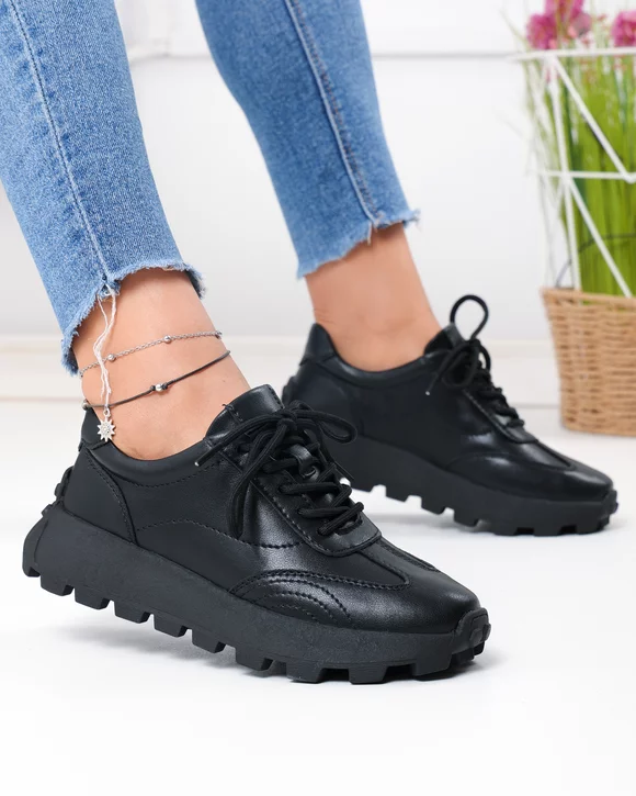 Pantofi casual dama piele naturala negri cu inchidere sireturi F002-661