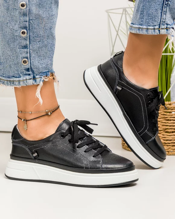 Pantofi casual dama piele naturala negri cu inchidere sireturi JY3285