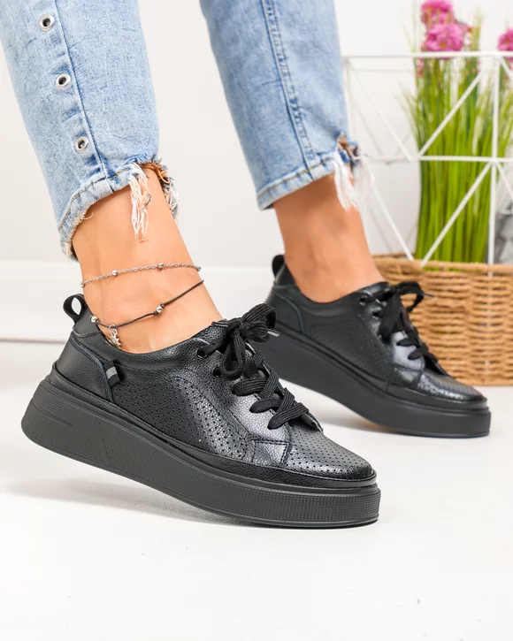 Pantofi casual dama piele naturala negri cu inchidere sireturi JY3285