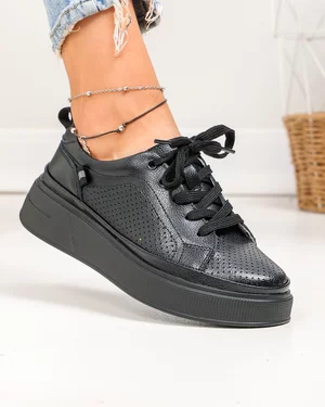 Pantofi casual dama piele naturala negri cu inchidere sireturi JY3285