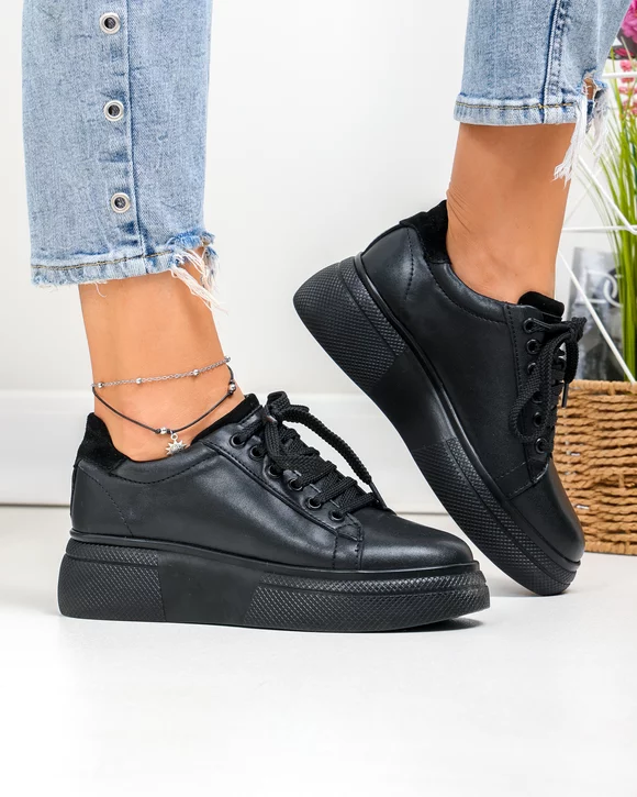 Pantofi Casual - Pantofi casual dama piele naturala negri cu inchidere sireturi PC206