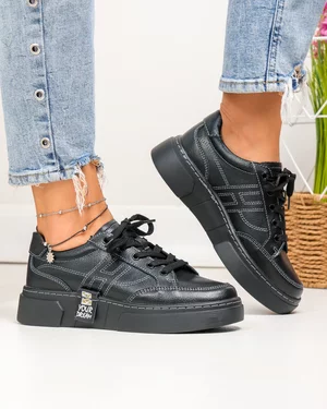 Pantofi casual dama piele naturala negri cu inchidere sireturi si cusaturi decorative JY6821