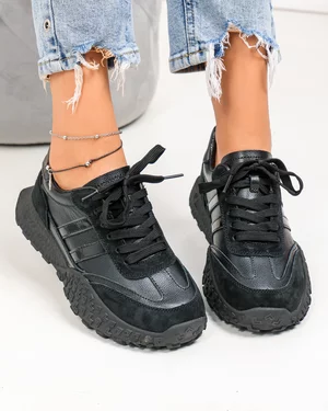 Pantofi casual dama piele naturala negri cu inchidere sireturi si varf rotund JY6590