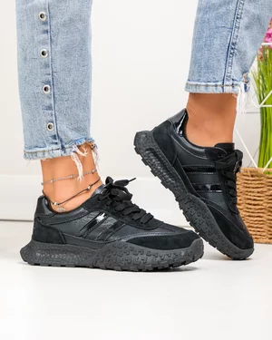 Pantofi Casual - Pantofi casual dama piele naturala negri cu inchidere sireturi si varf rotund JY6590