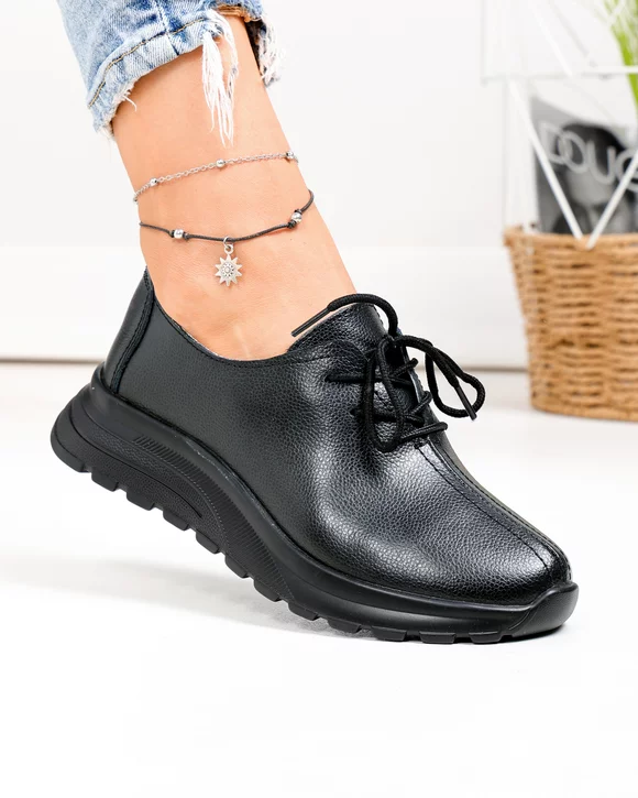 Pantofi casual dama piele naturala negri cu inchidere sireturi T-5931