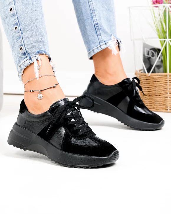 Pantofi casual dama piele naturala negri cu inchidere sireturi T-8077