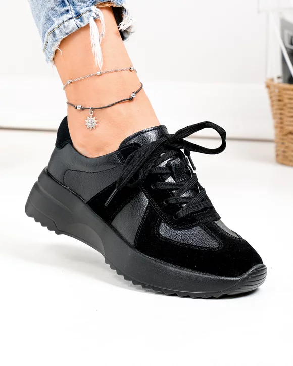 Pantofi casual dama piele naturala negri cu inchidere sireturi T-8077