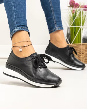 Pantofi casual dama piele naturala negri cu inchidere sireturi T-9001
