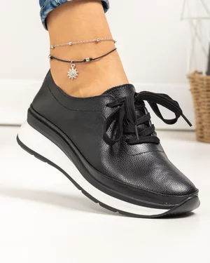 Pantofi casual dama piele naturala negri cu inchidere sireturi T-9001