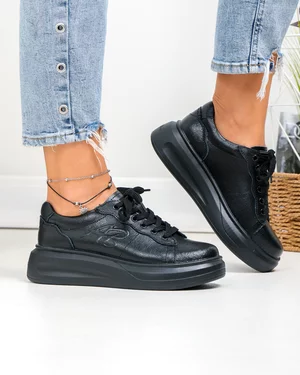 Pantofi casual dama piele naturala negri cu inchidere sireturi T6053
