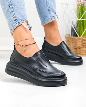 Pantofi casual dama piele naturala negri cu inchidere slip-on T6060