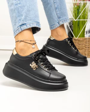 Pantofi casual dama piele naturala negri cu insertie aurie si aplicatie metalica T-8808
