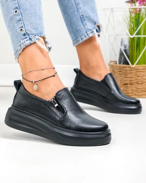 Pantofi casual dama piele naturala negri cu insertie elastica si fermoar lateral T6051