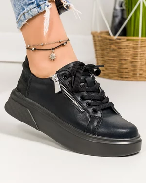 Pantofi casual dama piele naturala negri cu insertie piele naturala intoarsa la calcai si fermoar decorativ T-5111