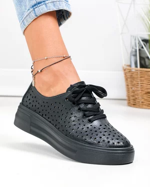 Pantofi casual dama piele naturala negri cu model perforat si inchidere sireturi JY3230