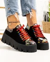 Pantofi casual dama piele naturala negri cu print multicolor POL277 2