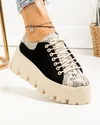 Pantofi casual dama piele naturala negri cu print ziar POL277 4
