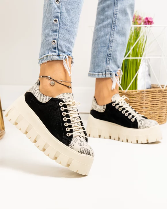 Pantofi casual dama piele naturala negri cu print ziar POL277