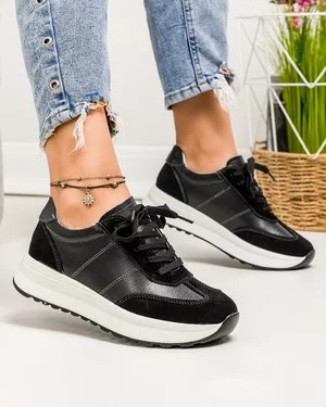 Pantofi casual dama piele naturala negri cu sectiune piele intoarsa si inchidere sireturi JY5290