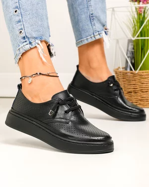 Pantofi casual dama piele naturala negri cu siret elastic T-9000