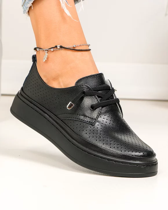 Pantofi casual dama piele naturala negri cu siret elastic T-9000