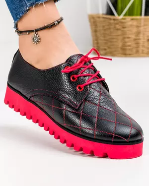 Pantofi casual dama piele naturala negri cu siret si cusaturi decorative POL168