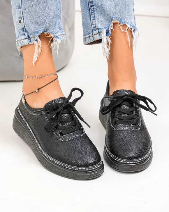 Pantofi casual dama piele naturala negri cu talpa flexibila si inchidere sireturi JY6700