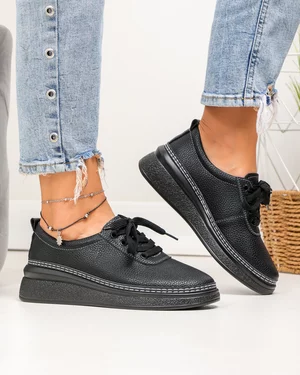 Pantofi casual dama piele naturala negri cu talpa flexibila si inchidere sireturi JY6700