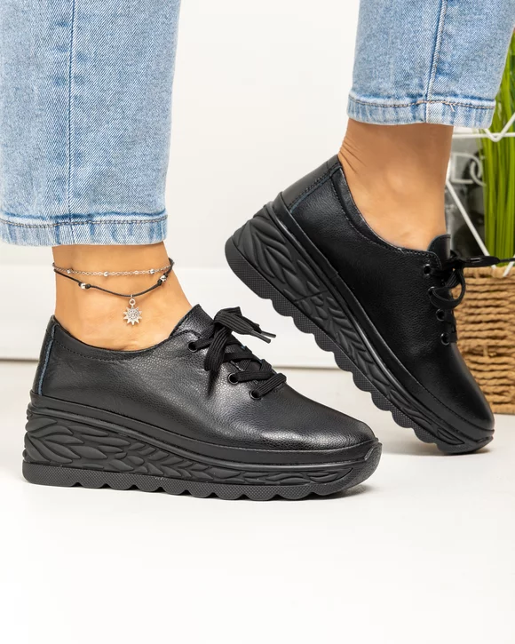 Pantofi casual dama piele naturala negri cu talpa groasa JY5096