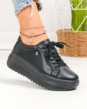 Pantofi Casual - Pantofi casual dama piele naturala negri cu talpa groasa si inchidere sireturi F001-775