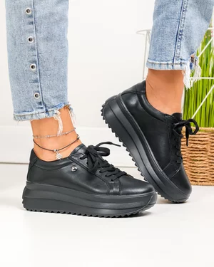 Pantofi casual dama piele naturala negri cu talpa groasa si inchidere sireturi F001-775