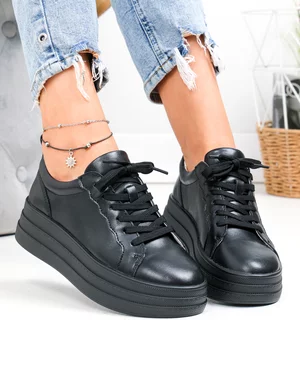 Pantofi Casual - Pantofi casual dama piele naturala negri cu talpa groasa si inchidere sireturi F002-397