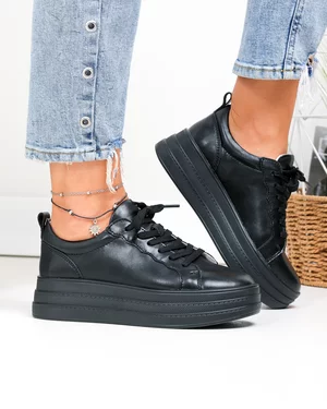 Pantofi casual dama piele naturala negri cu talpa groasa si inchidere sireturi F002-397