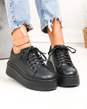 Pantofi casual dama piele naturala negri cu talpa groasa si inchidere sireturi PC207