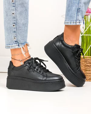 Pantofi Casual - Pantofi casual dama piele naturala negri cu talpa groasa si inchidere sireturi PC207