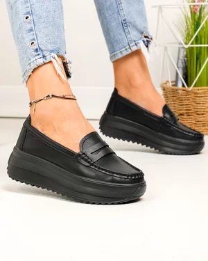Pantofi casual dama piele naturala negri cu talpa groasa si inchidere slip-on F001-776