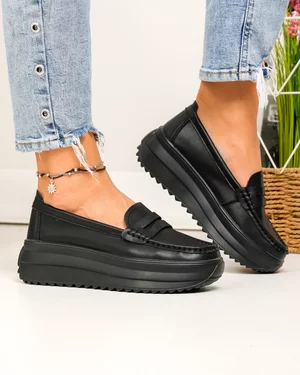 Pantofi casual dama piele naturala negri cu talpa groasa si inchidere slip-on F001-776