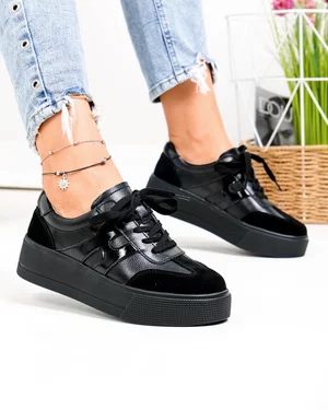Pantofi casual dama piele naturala negri cu talpa groasa T-8076