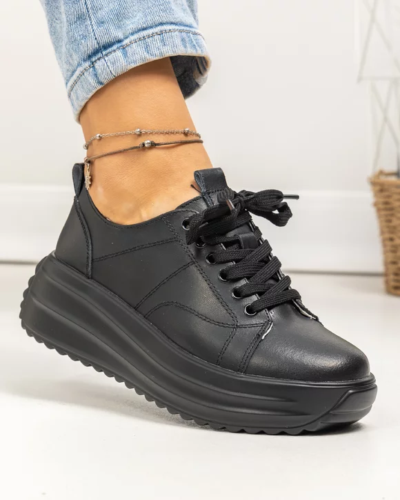 Outlet - Ultimele Marimi - Pantofi casual dama piele naturala negri cu talpa groasa T3094