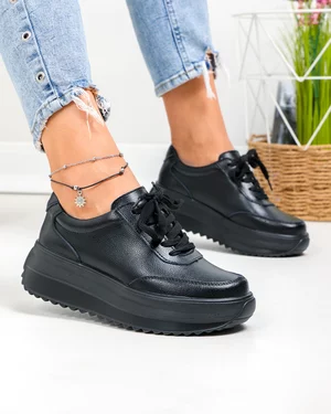 Pantofi casual dama piele naturala negri cu talpa groasa T6052