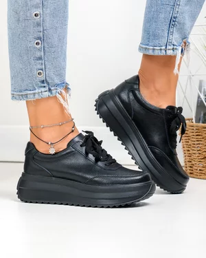 Pantofi casual dama piele naturala negri cu talpa groasa T6052