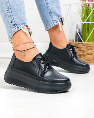 Pantofi casual dama piele naturala negri cu talpa groasa T6055