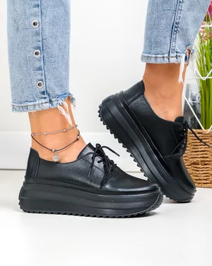 Pantofi Casual - Pantofi casual dama piele naturala negri cu talpa groasa T6055